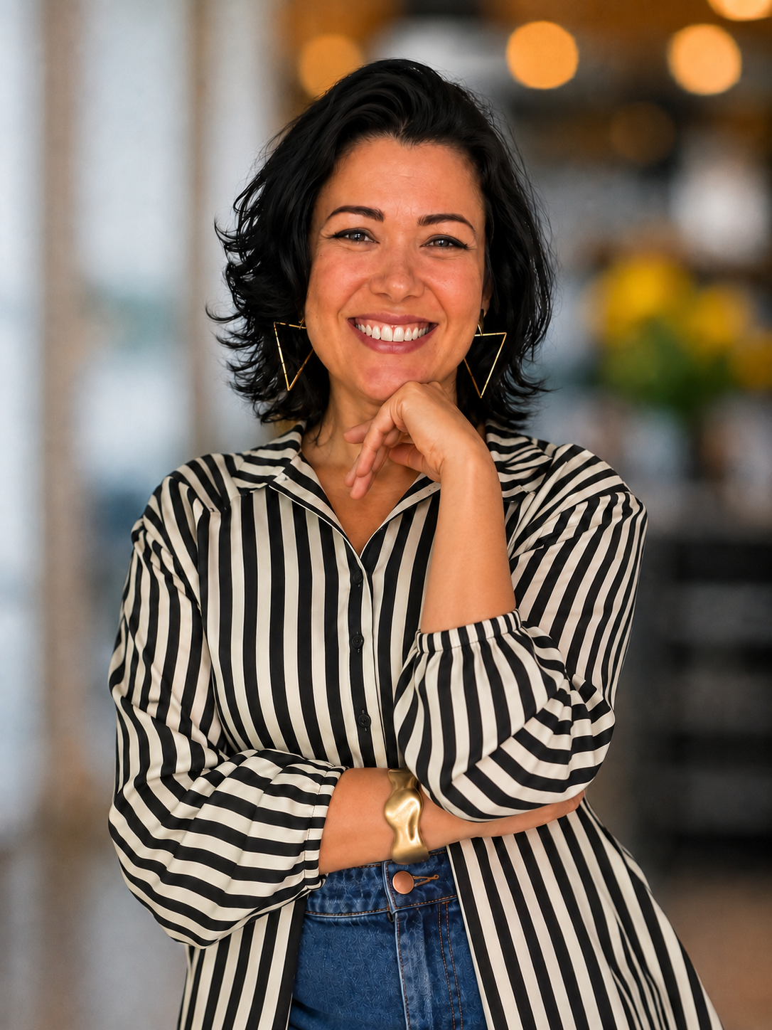 Dani Rosa sentada em um café, de blazer bege